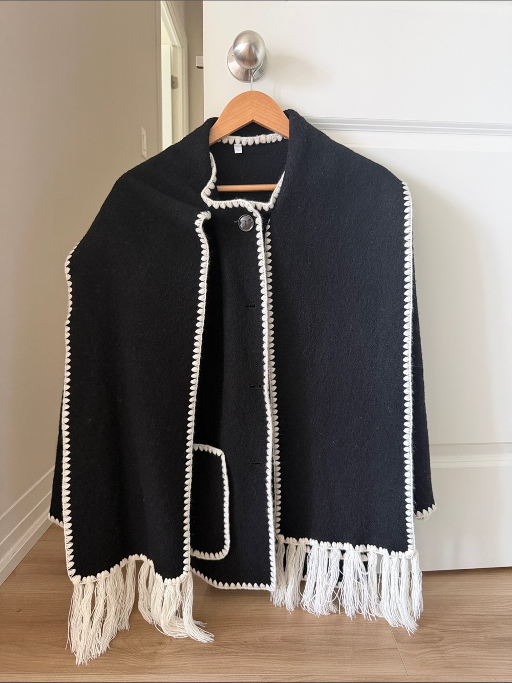 Black and White Fringed Wool Cape Wrap - Home Accents